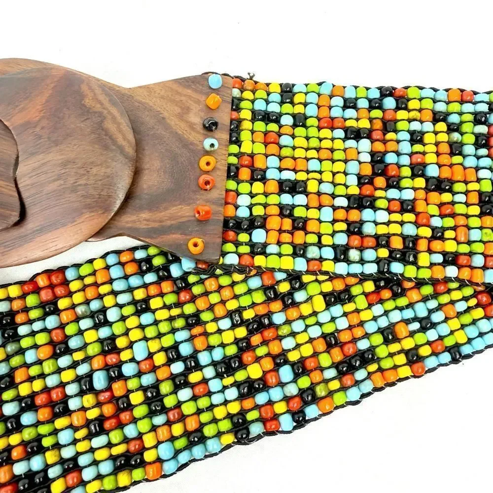 Colorful Seed Bead Wood Clasp Buckle Boho Festival Ethnic Tribal Stretch Belt
